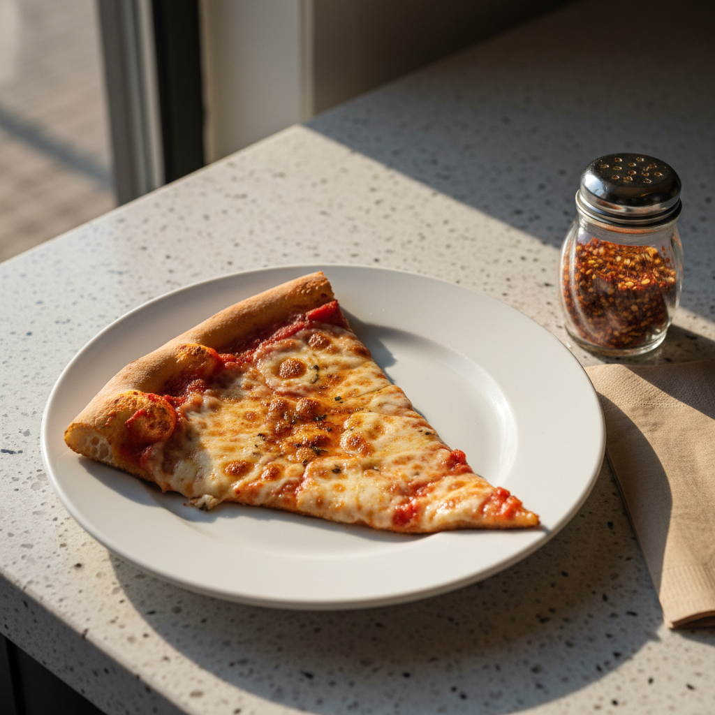 A single generous slice of Brooklyn-style pizza on a simple white porcelain plate, the tip slightly drooping to reveal its thinness, with pockets of browned mozzarella and vibrant sauce peeking through. Tiny specks of oregano and a light sheen of oil catch the light. The plate sits on a speckled quartz countertop beside a folded brown paper napkin and a small metal shaker of crushed red pepper. Natural late-afternoon window light washes in from the left, casting soft shadows and a warm, relaxed glow. Shot from a slightly elevated angle with shallow depth of field, the photographic style is clean and modern, conveying a professional yet approachable New York slice experience.