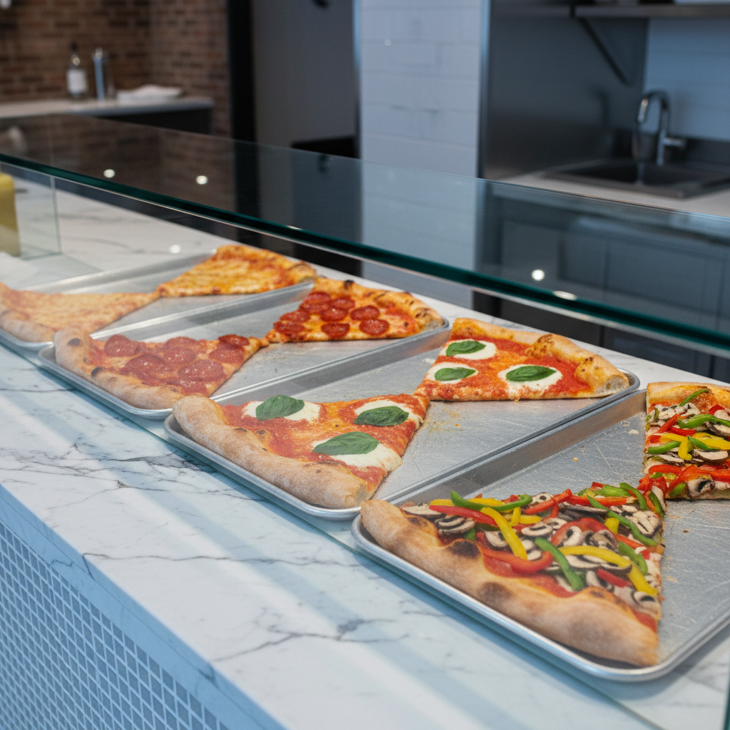 A polished marble counter in a modern Brooklyn pizzeria, featuring a neatly displayed lineup of pizza-by-the-slice options: classic cheese, pepperoni, margherita with fresh basil leaves, and a vegetable slice loaded with colorful peppers and mushrooms. Each slice rests on a large rectangular metal tray behind a spotless glass sneeze guard, reflecting pinpoints of light. Cool, bright overhead lighting ensures every topping is clearly visible, with crisp, professional clarity. The camera is positioned at eye level, slightly angled along the counter to create depth and leading lines. The mood is clean, efficient, and appetizing, in photographic realism, ideal for a professional website hero image emphasizing variety and freshness.