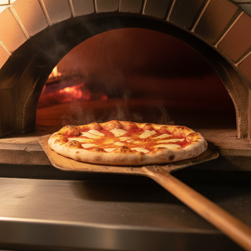 An open pizza oven with a stone deck glowing softly from retained heat, a Brooklyn-style pie halfway inside on a long wooden peel. The crust is beginning to blister and puff, cheese melting into glossy pools over the bright tomato sauce. The interior of the oven is dark and cavernous, lit by the orange reflection of the heating elements, while the foreground is illuminated by warm overhead kitchen lighting. Steam gently rises, catching highlights. Captured in photographic realism from a low, three-quarter angle, the composition emphasizes depth into the oven, creating a dynamic, professional atmosphere that showcases the craft and heat of authentic New York pizza baking.