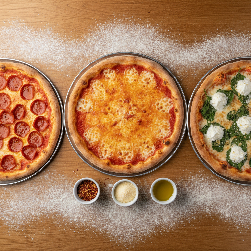 A meticulously arranged overhead view of three different New York pizzas: a classic cheese, a pepperoni with crisp-edged slices, and a white pie dotted with ricotta and wilted spinach. Each rests on its own round metal tray on a long, honey-toned wooden table lightly dusted with flour. Small ramekins of crushed red pepper, grated Parmesan, and glossy olive oil are spaced between the pies. Soft, diffused studio lighting ensures even illumination with gentle shadows that define textures. The composition is a clean, photographic flat lay with sharp focus throughout, creating a professional, menu-ready image that feels generous and authentic to Brooklyn pizza culture.