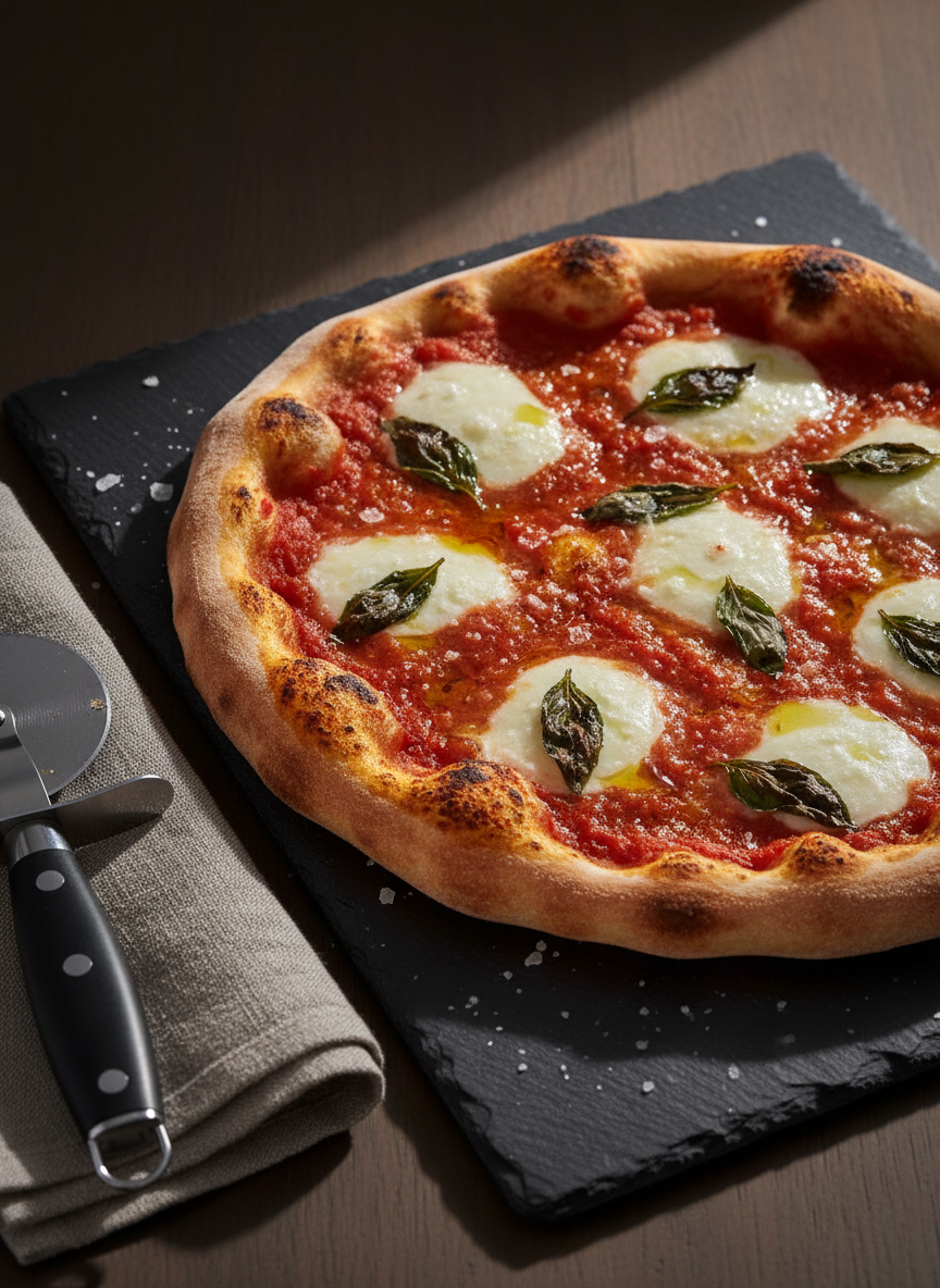 A close-up, photographic view of a Brooklyn-style margherita pizza on a dark slate serving board, the ultra-thin crust showing delicate char marks along the rim. Pools of creamy white mozzarella sit atop a vivid, chunky tomato sauce, accented by whole fresh basil leaves that appear just-wilted from the heat. Coarse sea salt crystals and a light drizzle of golden olive oil glisten on the surface. The setting is a minimalist, dark wood table with a folded grey linen napkin and a stainless-steel pizza cutter resting nearby. Directional side lighting from the right creates dramatic contrast and depth, with a moody yet professional atmosphere that highlights color and texture.