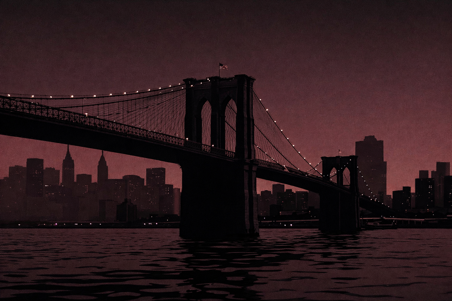Stylized illustration of the Brooklyn Bridge at dusk in a burgundy and black color scheme, clean and bold, suitable as a hero banner image for a Brooklyn-style pizza restaurant website